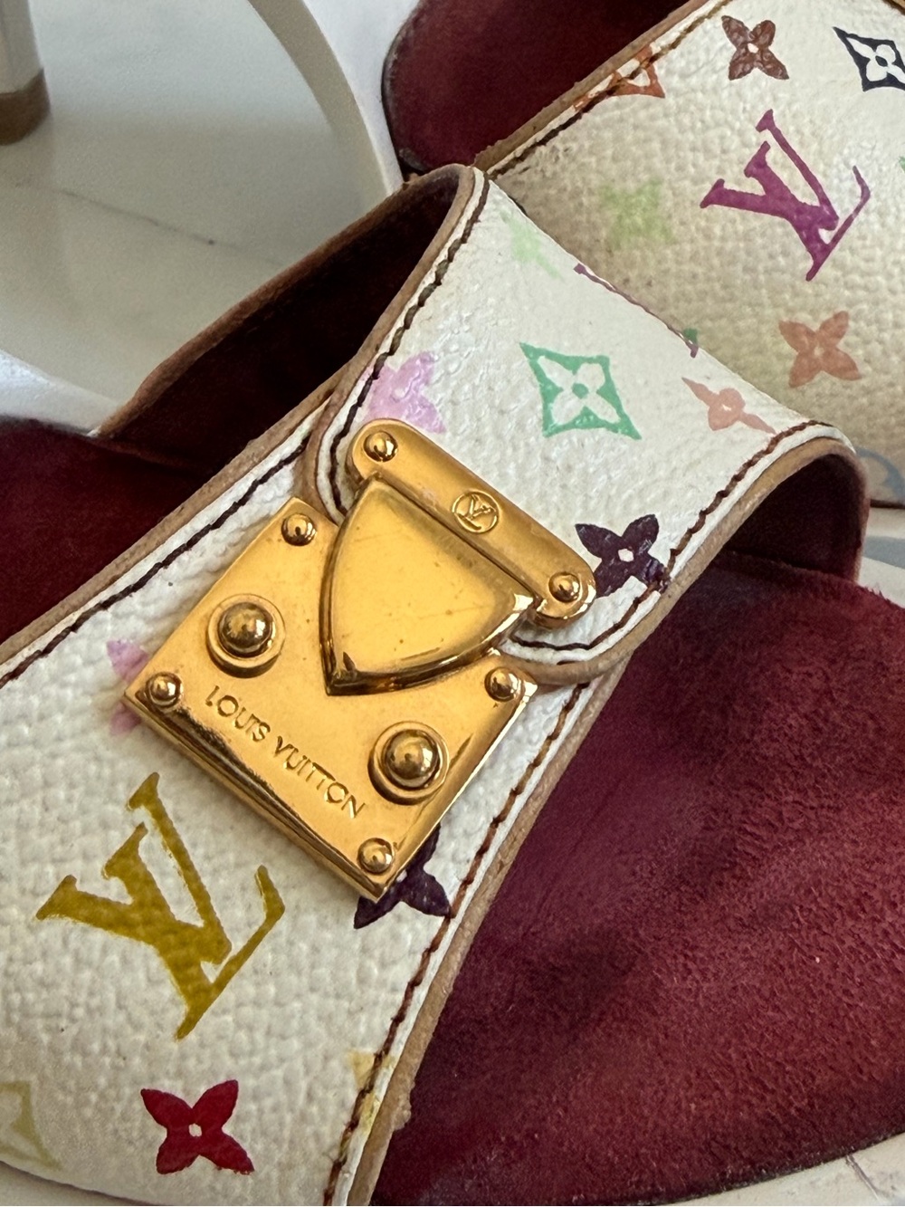 2002 Murakami Louis Vuitton White Multicolor Monogram Gold Buckle Mules - Picture 3 of 8
